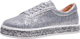 Generic Womens Glitter Shoes Sparkly Stylish Sneakers Stylish Lightweight Comfortable Lace Up Shiny Casual Walking Shoes Wedding Party Leisure Silver
