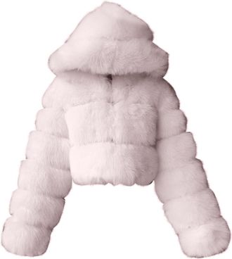 Generic Womens Short Coats Winter Warm Hooded Patchwork Jackets Ladies Solid Color Long Sleeve Cropped Tops Classic Trendy Elegant Faux Fur Thermal Fleece Cos