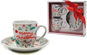 Trade Shop Trade Shop - Set 2pz Coffee Tazzine De 8 Cl Bianche Con Plantes Ceramica Con Decoro De Natalizaci&oacute;n
