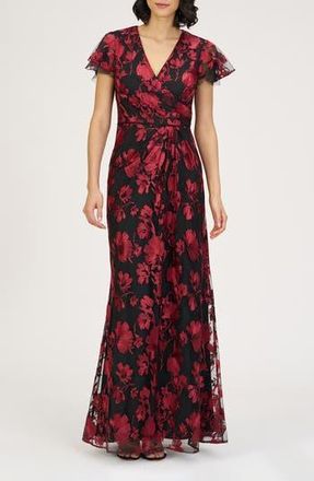 JS Collections Fauna Floral Embroidered Flutter Sleeve Gown in Red/Black at Nordstrom Rack, Size 10