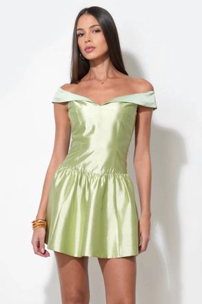 Adelyn Rae Darcy Off Shoulder Satin Drop Waist Mini Dress In Luminous Yellow-Green
