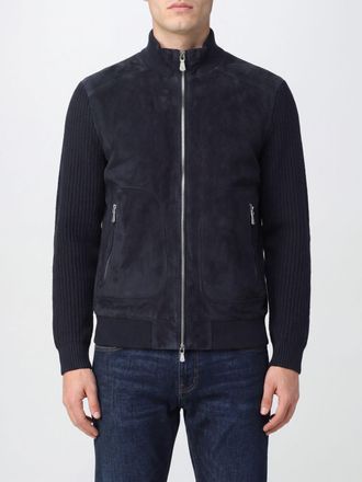 Eleventy Suede Leather Bomber Jacket with Turtleneck Collar and Zip Closure