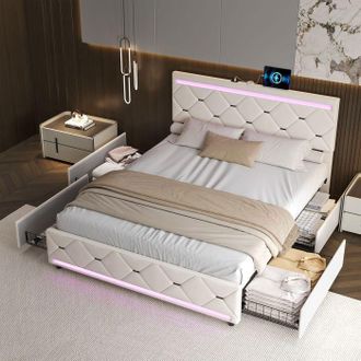 OEM Cama 140x190 Cm, Cama De Adulto Con Led Y Usb, 4 Cajones, Estructura De Cama Doble 140x190 Cm, Cama Para 2 Personas, Tela De Terciopelo, Beige