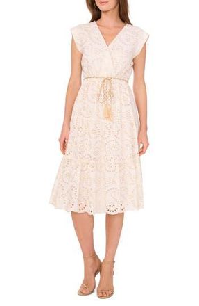 Vince Camuto Eyelet Tie Waist Tiered Midi Dress in Ultra White at Nordstrom Rack, Size Medium