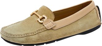 Ferragamo Green/beige Suede And Leather Gancini Bit Slip On Loafers