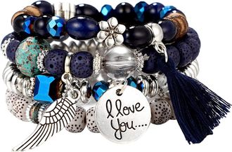 Generic Bracelets For Women Stackable Bangles Beaded Multilayer Sets 4 Strand Stretch Bohemian Jewelry for Weddings (Blue, One Size)