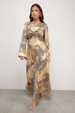 Warehouse Womens Petite Metallic Marble Twist Front Bias Midi Dress - Taupe - Size 8 UK