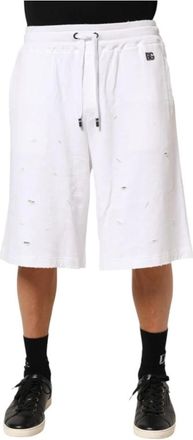 Dolce & Gabbana Korte Broeken, Heren, Wit, L, Katoen, Witte Ripped Bermuda Trainingsbroeken Shorts