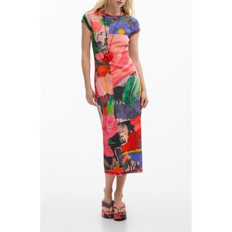 Desigual Mixed Print Stretch Cotton Knit Dress in Pink at Nordstrom, Size X-Large