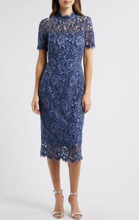Eliza J Illusion Lace Midi Sheath Dress in Blue at Nordstrom Rack, Size 6