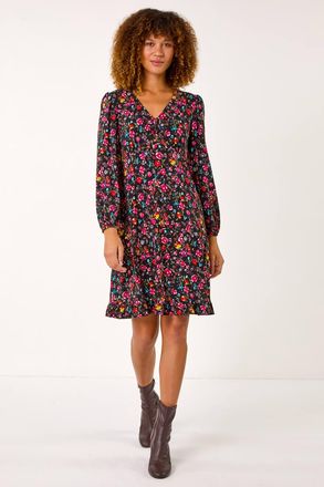 Roman Floral Print Short Frill Stretch Dress