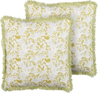Beliani Conjunto De 2 Cojines De Algod&oacute;n Verde Claro Blanco 45 X 45 Cm A Mano Filix