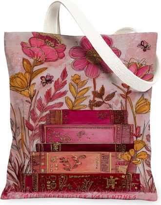 Generic Floral Book Stack Canvas Tote Bags, Flower Pattern Reusable Grocery Bags, Spring Vintage Lightweight Washable Shoulder Stra, Peach, 13x15 Inch