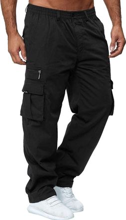 Generic Cargo Trousers for Men UK, Black Cargo Trousers Men Work Pants Baggy Stretchy Drawstring Waist Combat Trouser Work Multi-Pocket Durable Casual Relaxed