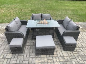 Fimous 9 Seater Outdoor Rattan Furniture Garden Dining Set Gas Fire Pit Table with Love Sofa 3 Footstools Dark Grey Mixed