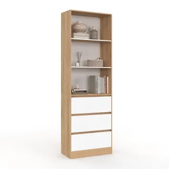 IDMarket Carla Libreria A 3 Livelli Con 3 Cassetti Bianchi Ed Effetto Legno H.190 Cm