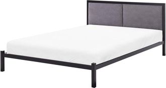 Beliani Eu Double Size Bed Frame 4ft6 Black Metal Grey Fabric Headboard Clamart