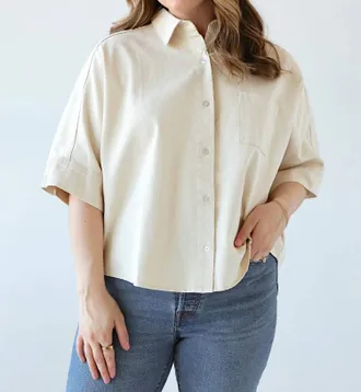 Olivaceous Lauren Relaxed Short Sleeve Cotton Button Down In Beige
