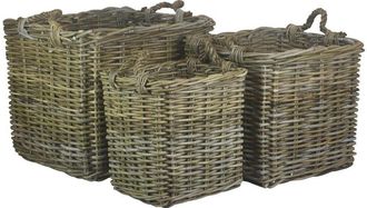 Red Hamper Rattan Set of 3 Square Grey Rattan Log Baskets