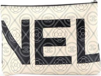 Chanel Camellia Logo Wristlet Printed Coated Canvas Medium clutch bag - women - Fabric - One Size - Neutrals