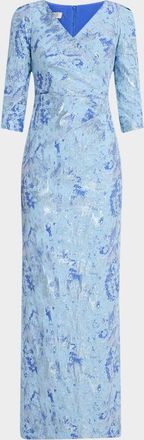 Teri Jon Pleated Metallic Jacquard Column Gown