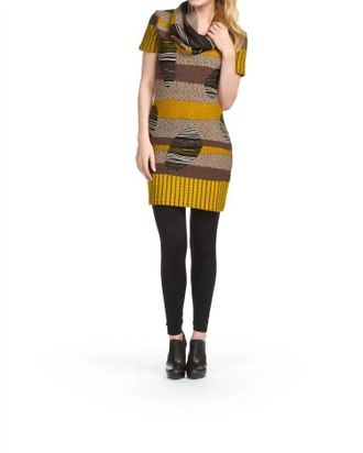 Papillon Cowl Neck Short Sleeve Belted Patchprint Dress In Mustard