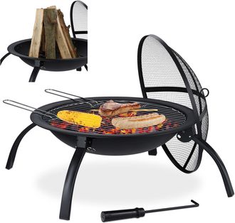 Relaxdays Brasero Relaxdays Xl, Rejilla Para Barbacoa, Atizador, Parachispas, Jard&iacute;n, Terraza, Hoguera &Oslash; 56,5 Cm, Negro