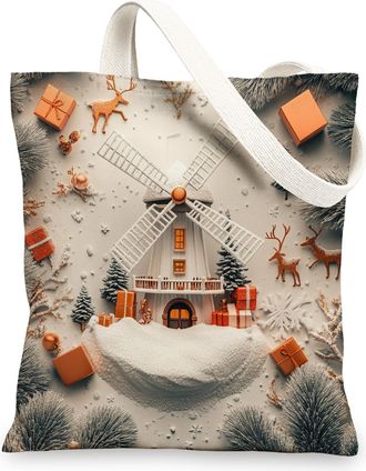 Generic Winter Farmhouse Christmas Canvas Tote Bag for Shopping 13x15, Fun Fantasy Windmill Xmas Reusable Grocery Print Bag for Women, Farm Holiday Beach Aest