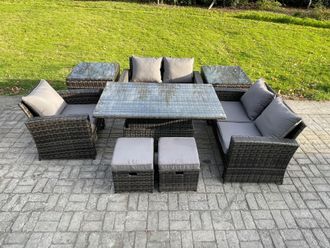 Fimous 7 Seater Outdoor Rattan Patio Furniture Set Garden Height Adjustable Rising Lifting Table Sofa Dining Set w/ 2 Side Tables 2 Small Footstools