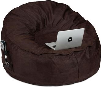 Relaxdays Poltrona Cuscino xxl in Pelle Finta Scamosciata, Pouf a Sacco Imbottito per Adulti, 2 Tasche, Marrone Scuro - Relaxdays