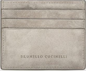 Brunello Cucinelli Portacarte piatto in pelle scamosciata con logo impresso