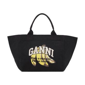 Ganni Tote Bags, female, Black, Size: ONE SIZE Banana Print Shopper Bag