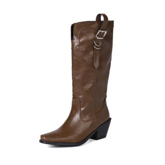Generic Womens Chunky High Heel Western Cowboy Boot Pointed Toe PU Leather Long Boots Pull on Knee High Boots with Buckle,Brown,8.5 UK