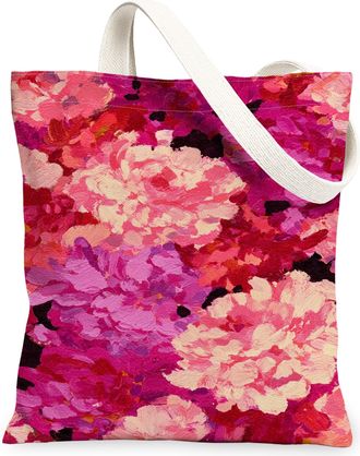 Generic Floral Canvas Tote Bags, Artistic Flower Pattern Reusable Grocery Bags, Vintage Lightweight Washable Shoulder Strap Canvas, Peach, 13x15 Inch