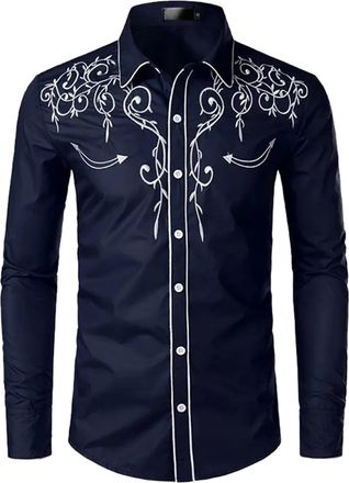 Generic Cowboy Shirt Mens Stylish Western Cowboy Shirt Embroidered Slim Fit Casual Long Sleeve Shirts Mens Wedding Party Shirts for Men