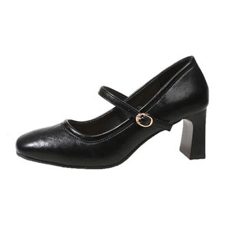 Generic Womens Mary Jane Pumps Square Toe Buckle Strap Casual Block Heel Dress Shoes for Party and Business (Black,5.5)