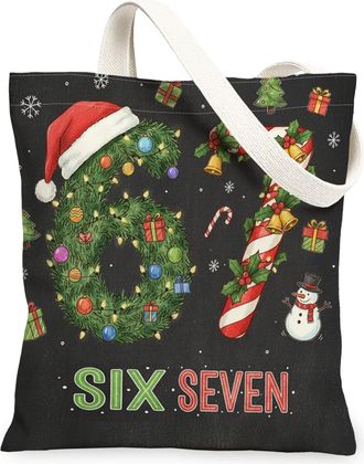 Generic Christmas Canvas Tote Bags, Wreath Design Reusable Grocery Bags, Vintage Lightweight Washable Shoulder Strap for Travel Pic, Black, 13x15 Inch