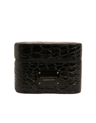 Dolce & Gabbana Black Leather Metal Logo Plaque Holder Airpods Case Caiman Accessory