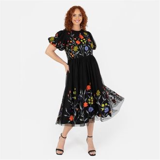 Maya Womens De Floral Crew Neck Short Sleeve Midi Dress in Black - Size 12 UK
