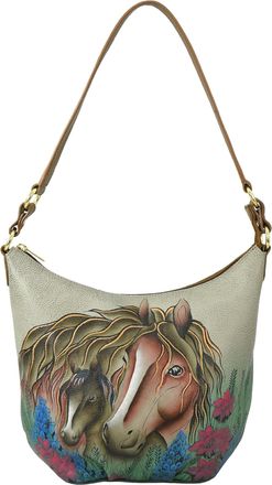 Anuschka 7586 Large Shoulder Hobo, Womens Hand-Painted Leather Handbag, Mothers Love Tan
