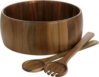 Gibson Home 3 Piece Acacia Wood Salad Bowl and Spoon Set in Brown