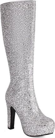 Generic Womens Glitter Sparkly Knee High Boots Platform Round Toe Chunky Block Heel Side Zipper Wedding Party Shoes (5.5,Silver)