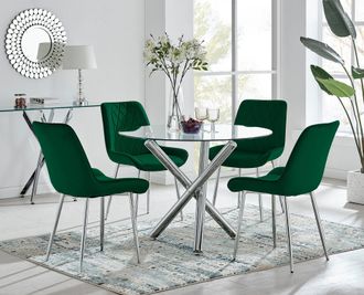 Furniturebox Selina Round Glass Chrome Leg Dining Table & Pesaro Silver Leg Chairs in Green | Size: 4 Person