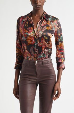L'agence Dani Paisley Three-Quarter Sleeve Silk Button-Up Shirt in Black Multi Paisley Scroll at Nordstrom, Size Xx-Small