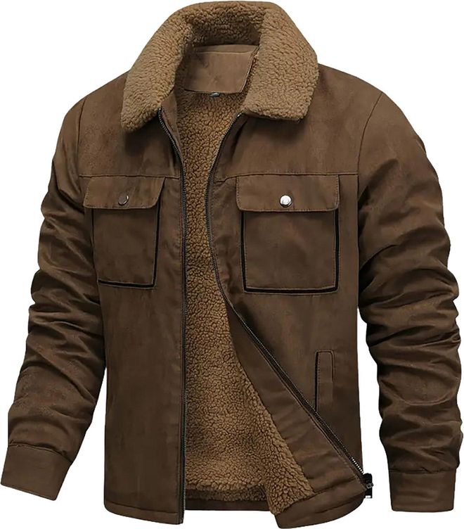 Suede Fleece Jacket for Men Uk Sherpa Lined Military Jackets Long Sleeve Zip Up Lapel Bomber Jackets with Pockets Windbreaker Cargo Coats Casual Loose