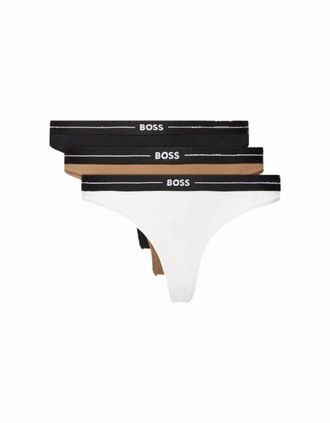 HUGO BOSS Womens 3-Pack Power Logo Thongs, Black/White/Beige - Size: 14