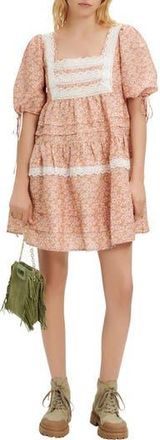 Maje Radola Floral Print Lace Detail Linen Blend Dress in Pink Daisy at Nordstrom Rack, Size 2 Us / 34 Fr
