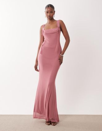 Asos Vestito lungo rosa con scollo squadrato con dettaglio ad anello con lacci