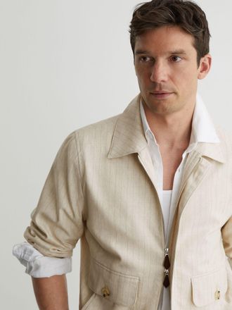 Reiss Off White Pinstripe Flap-pocket Jacket With Linen, Xxl