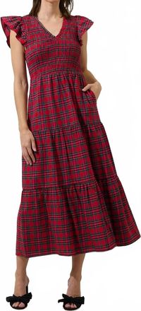 Sugarlips Yuletide Plaid Smocked Tiered Midi Dress In Red Multi